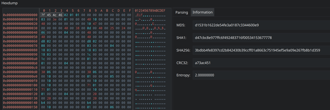 Hexdump information section showing hash values for fist four bytes of binary